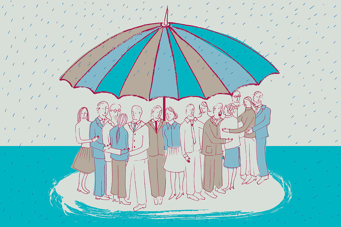 People under large umbrella, illustration