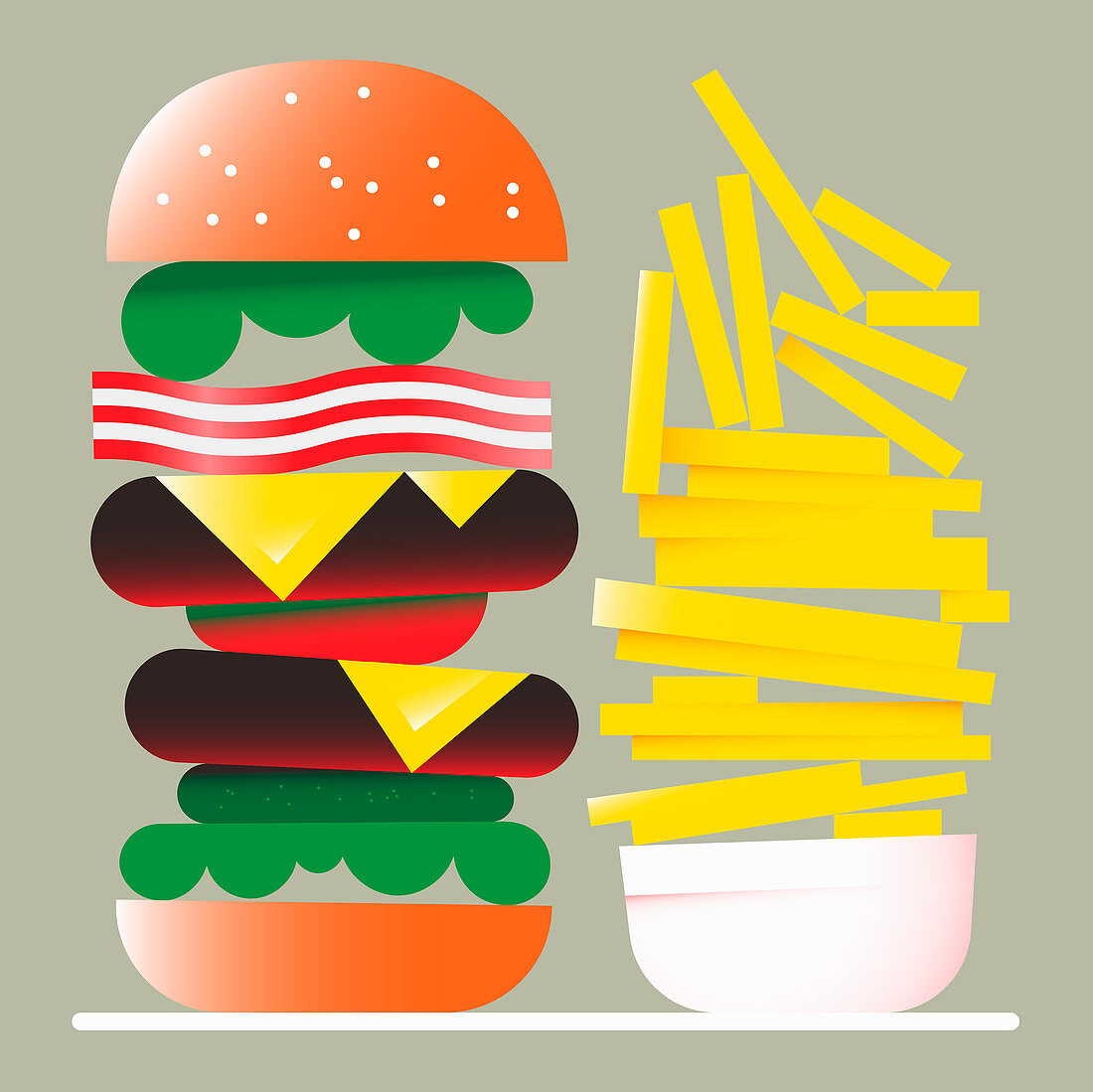 Hamburger and chips, illustration