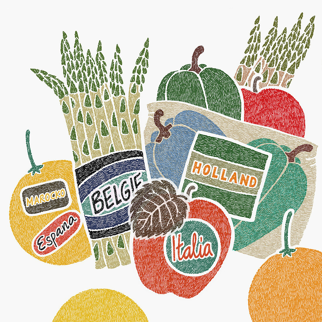Food labels with country of origin, illustration