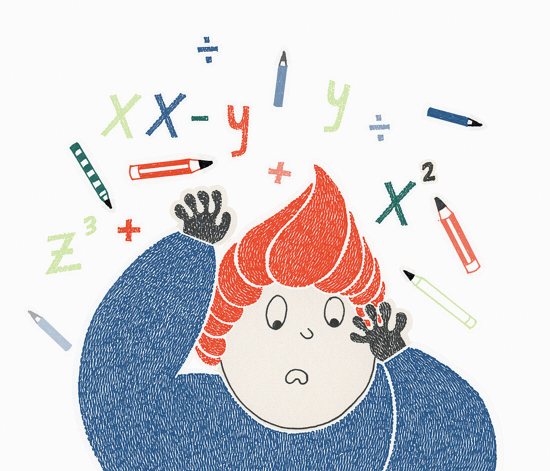 Boy struggling with mathematics, illustration