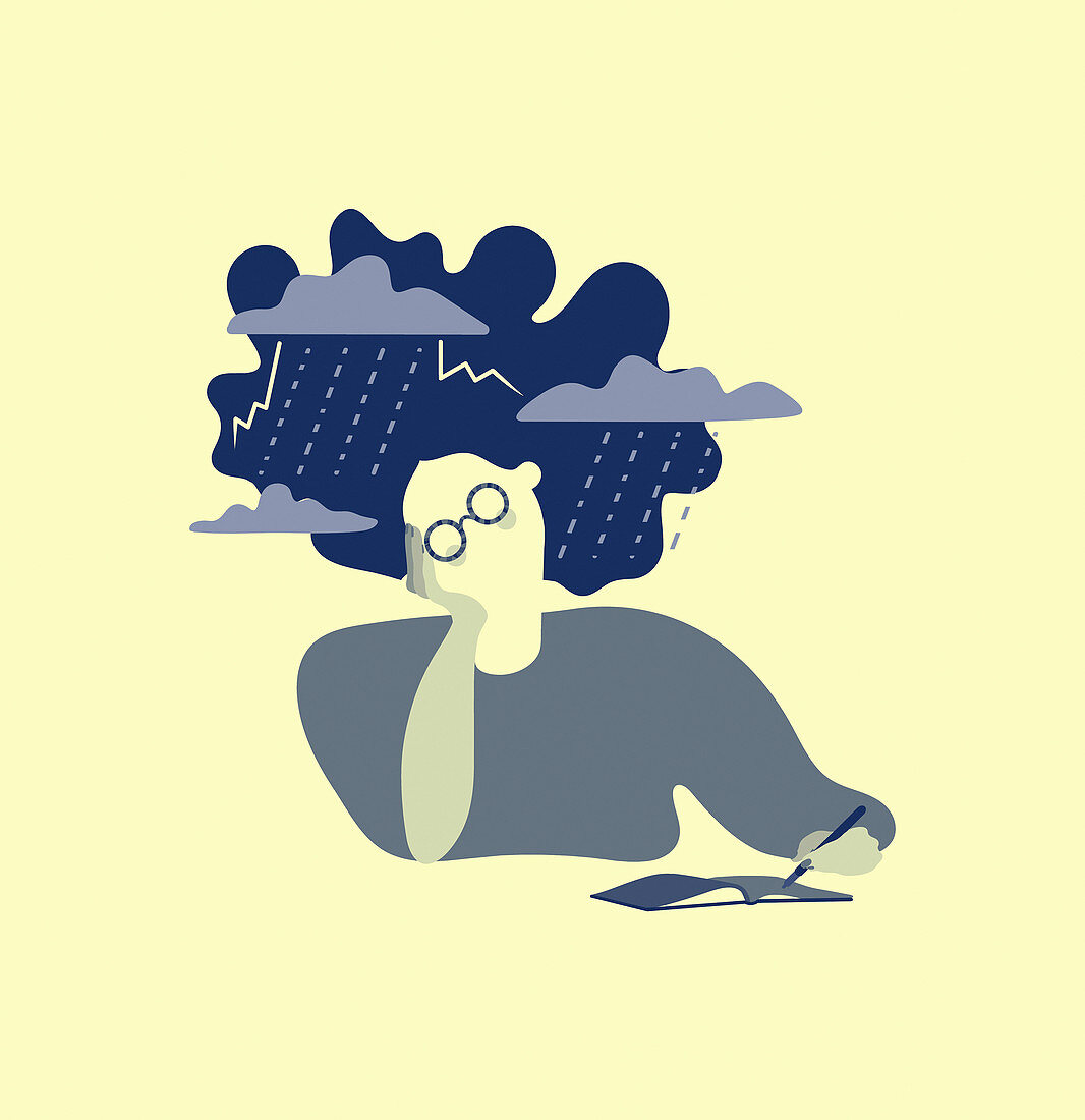 Woman with storm around head, illustration