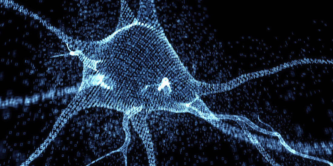 Three dimensional neuron in binary code, illustration