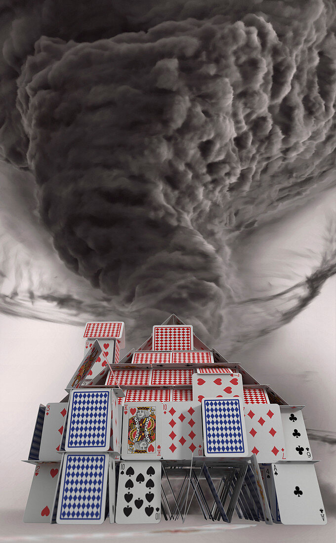 Tornado dust cloud approaching house of cards, illustration