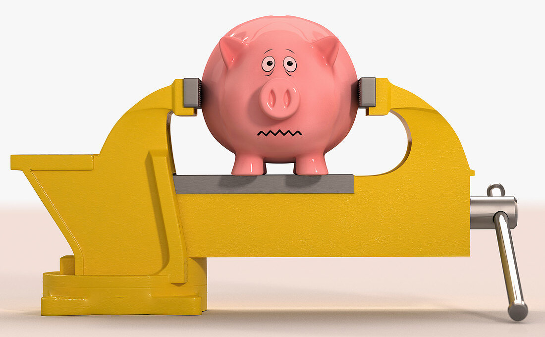 Piggy bank being squeezed in vice grip, illustration