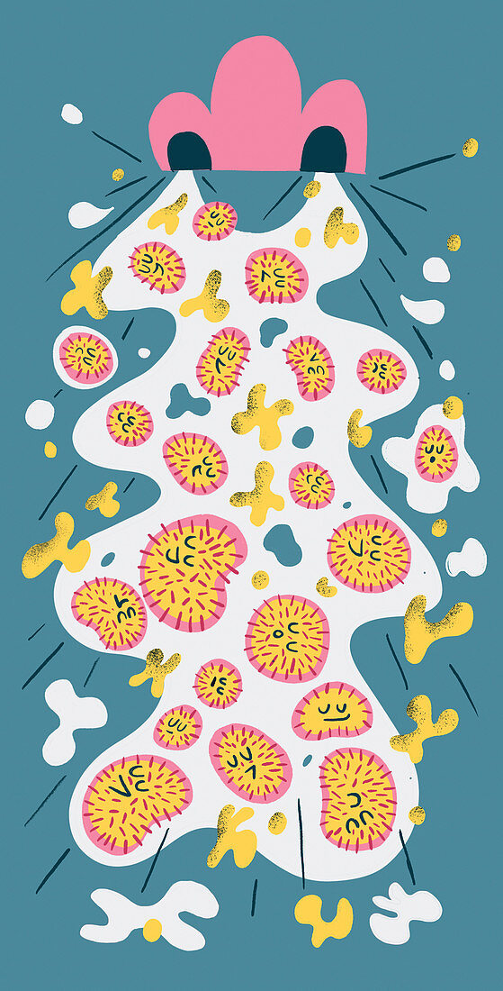 Germs exploding from sneezing nose, illustration