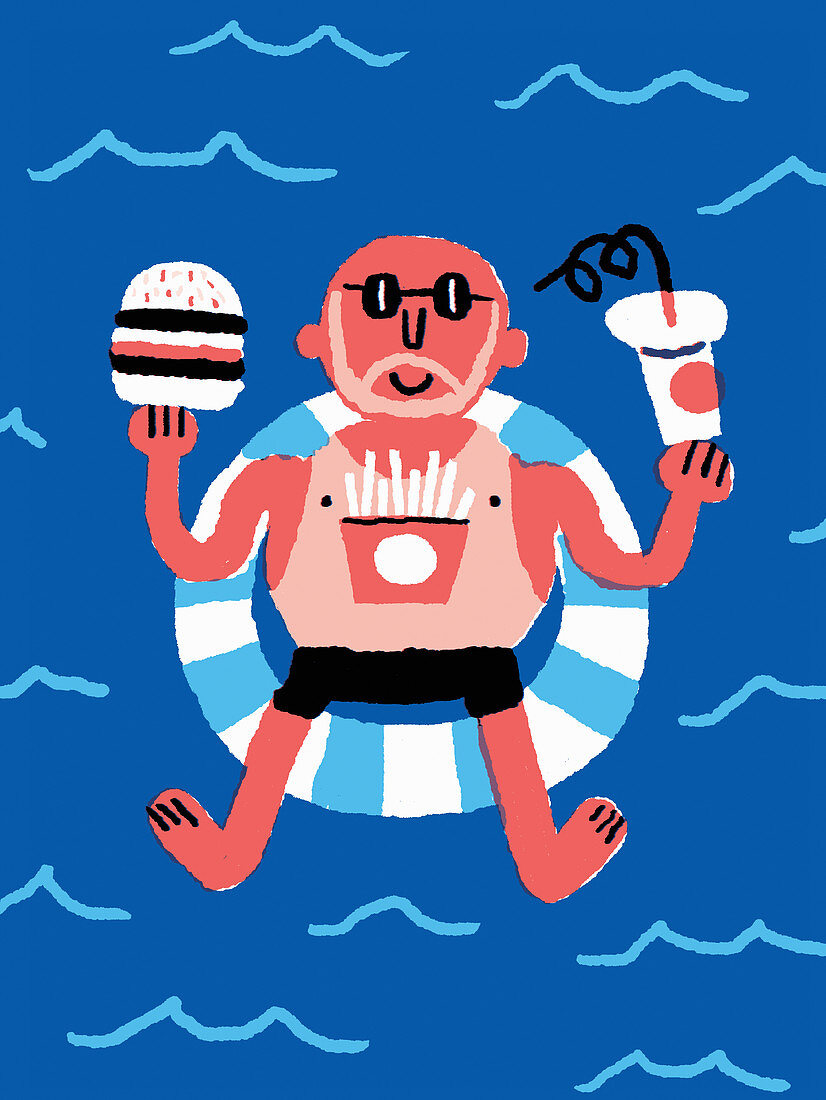 Man eating fast food on holiday, illustration