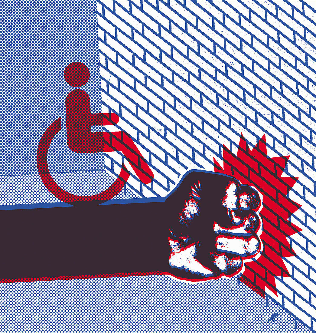 Disabled sign on fist hitting brick wall, illustration