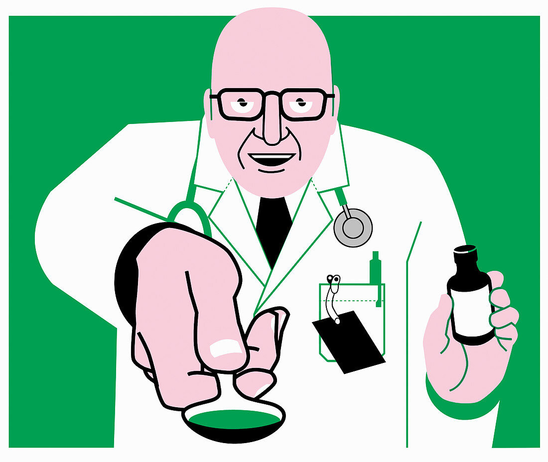 Doctor offering medicine on spoon, illustration