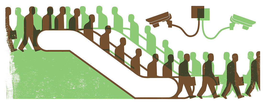 Surveillance cameras watching escalators, illustration