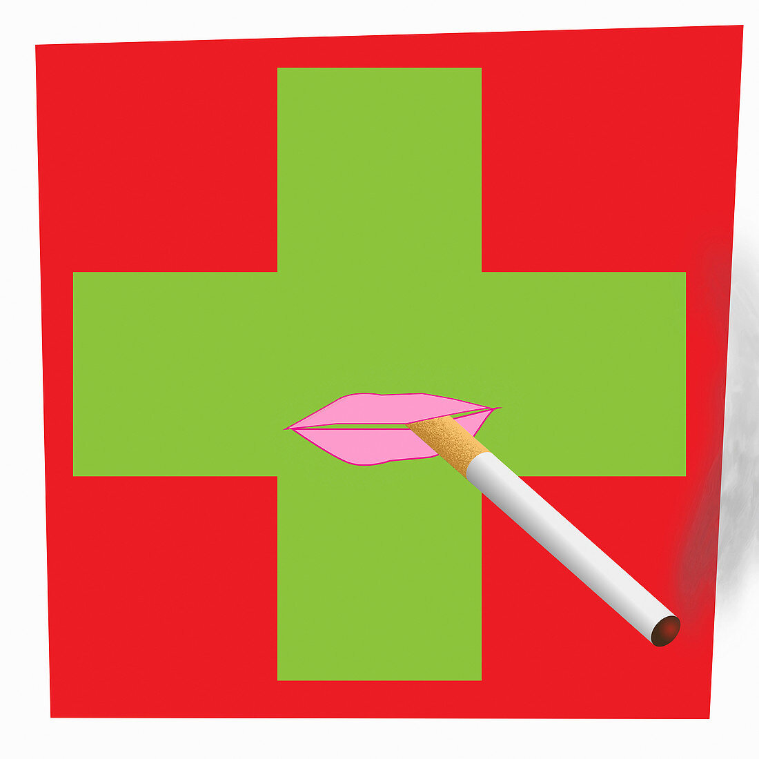 Lips smoking cigarette on pharmacy sign, illustration