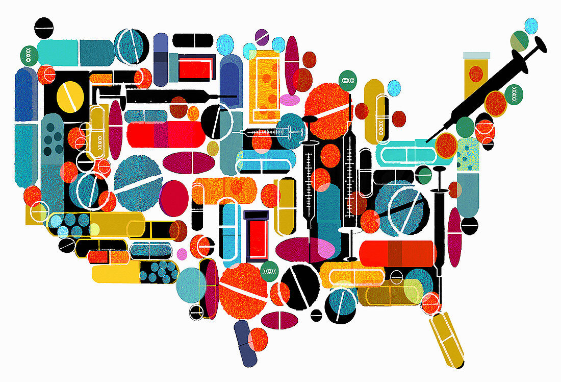 Pills and medicines forming map of the USA, illustration