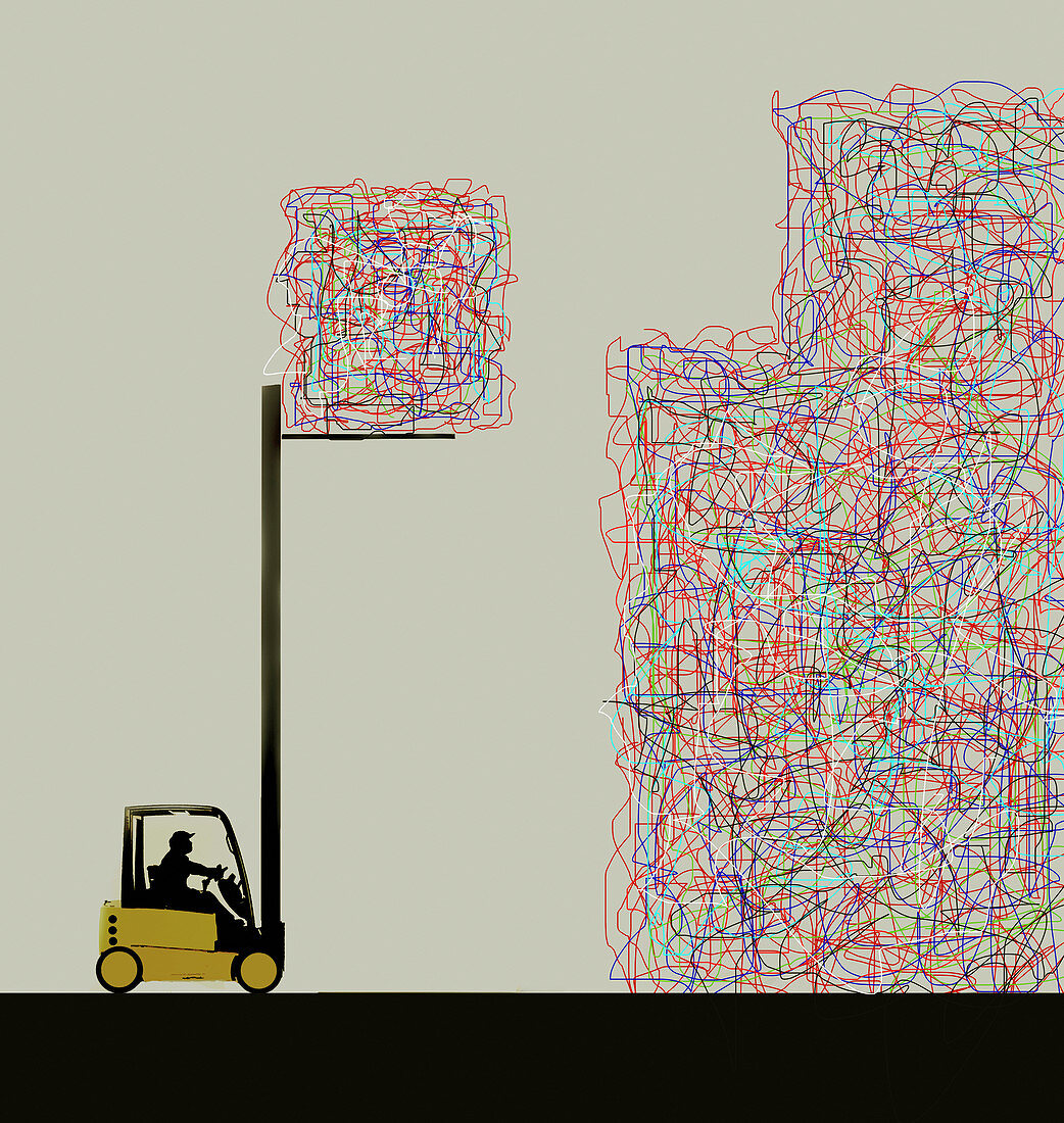 Forklift stacking cubes of tangled lines, illustration