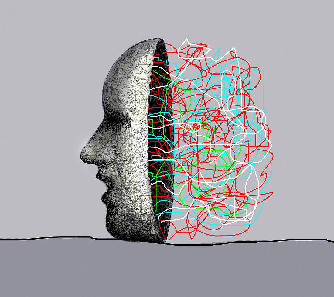 Mask of man's face concealing tangled lines, illustration