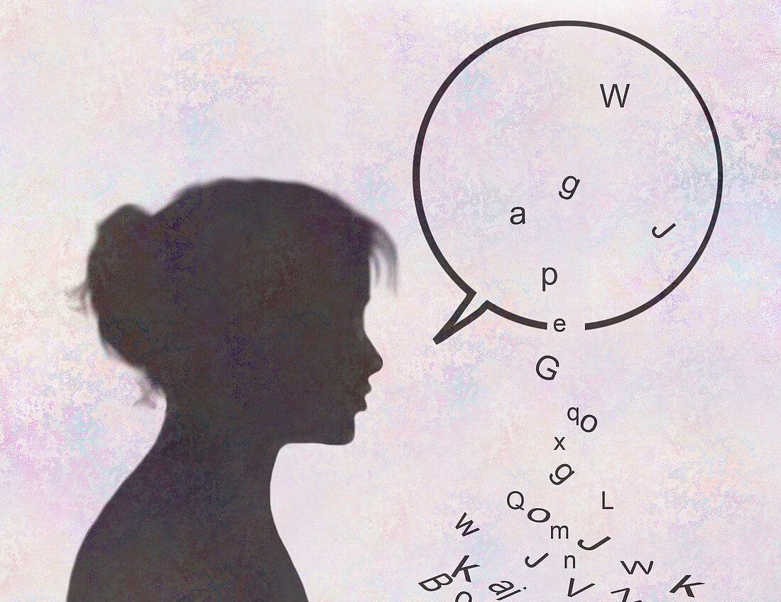 Letters falling from woman's speech bubble, illustration