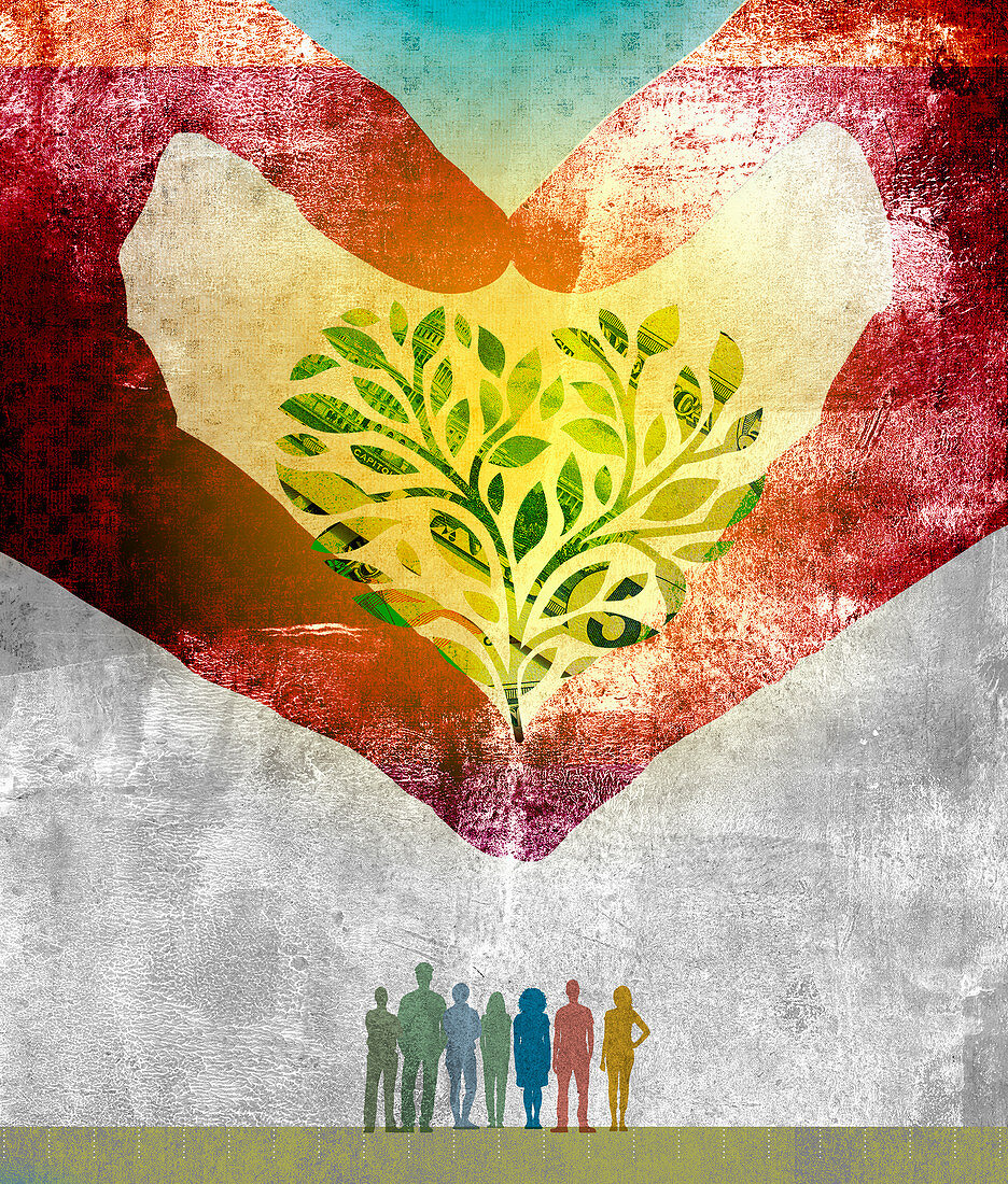 Hands forming heart shape money tree, illustration