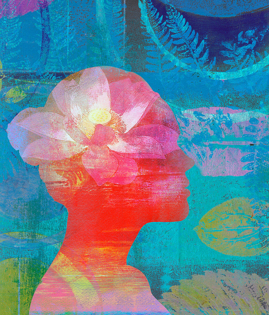 Lotus flower inside of woman's head, illustration