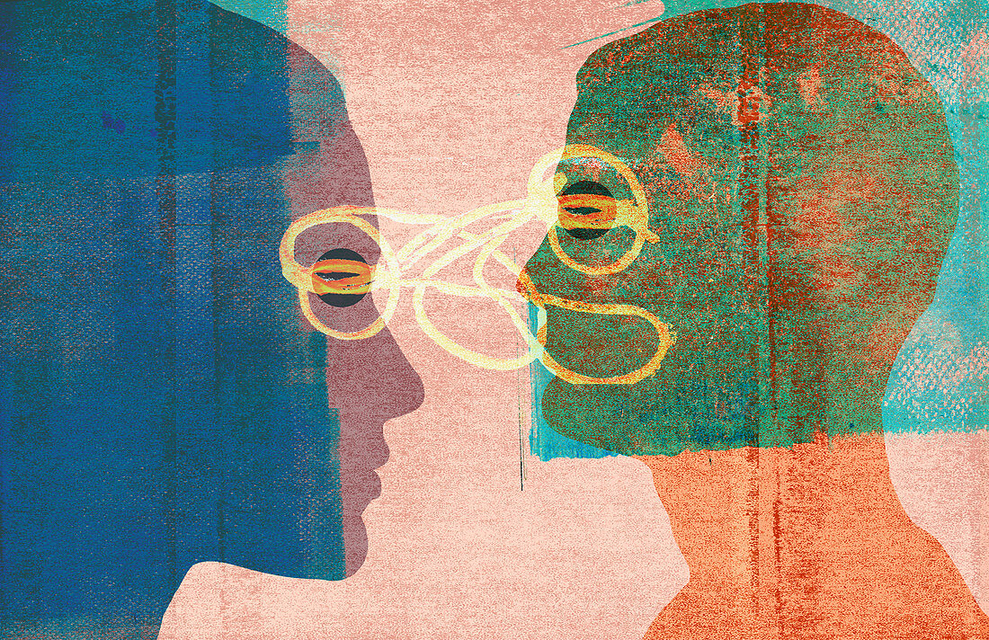 Tangled lines connecting couple's profiles, illustration