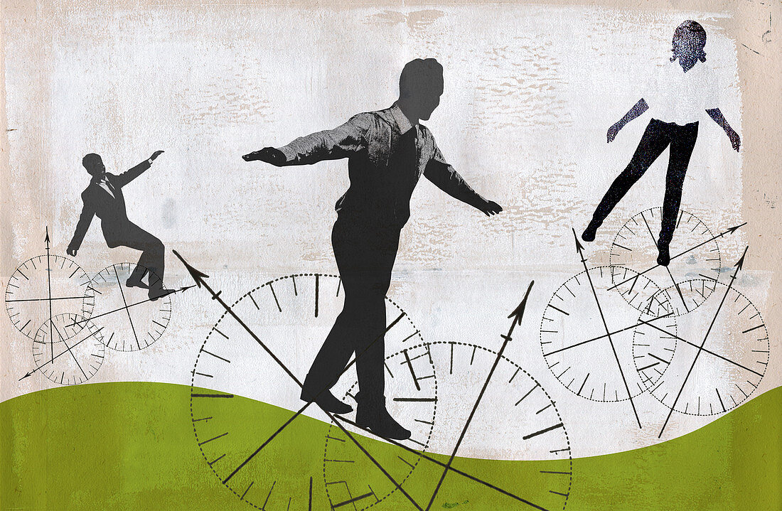 Business people balancing on compass wheels, illustration