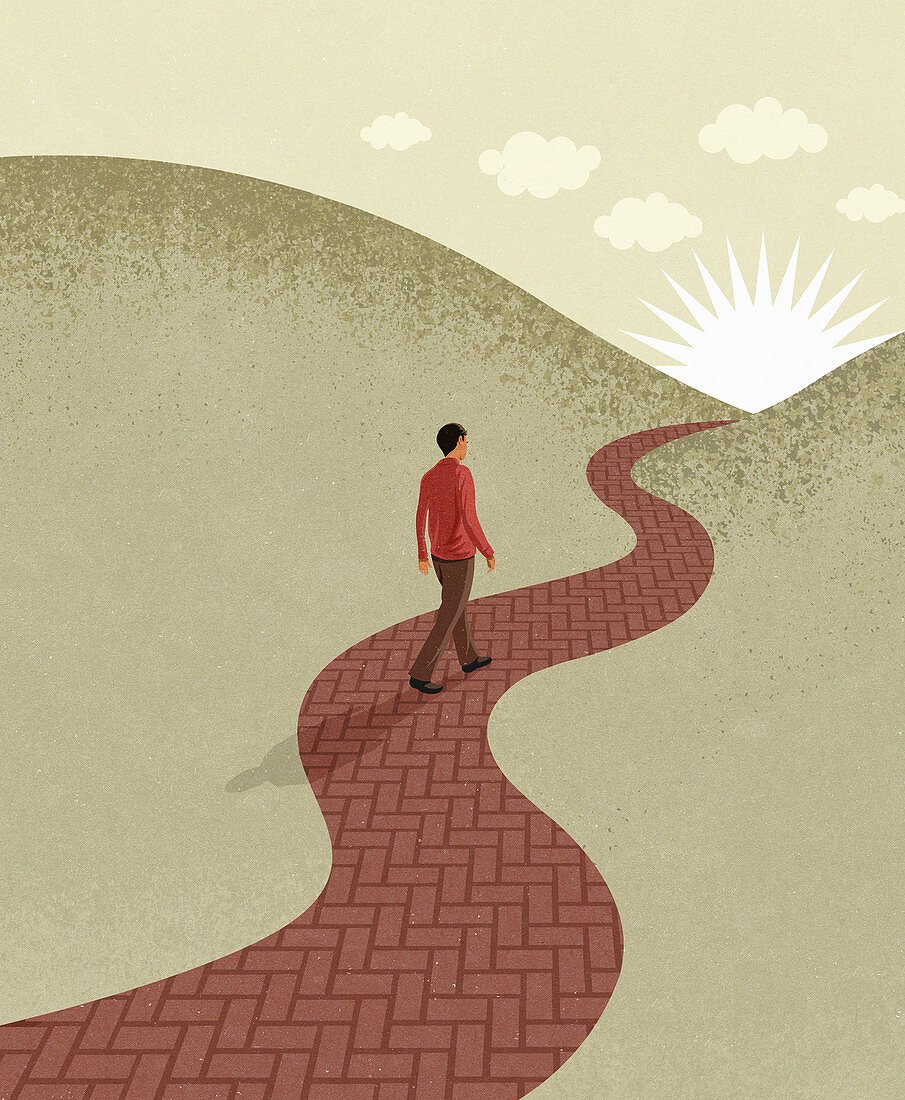 Young man walking on path towards sun, illustration