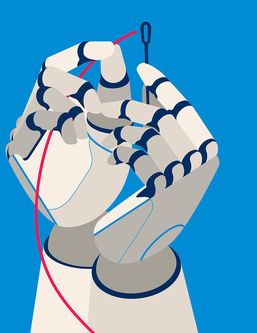 Robotic hands threading a needle, illustration