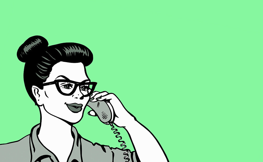 Woman talking on landline phone, illustration