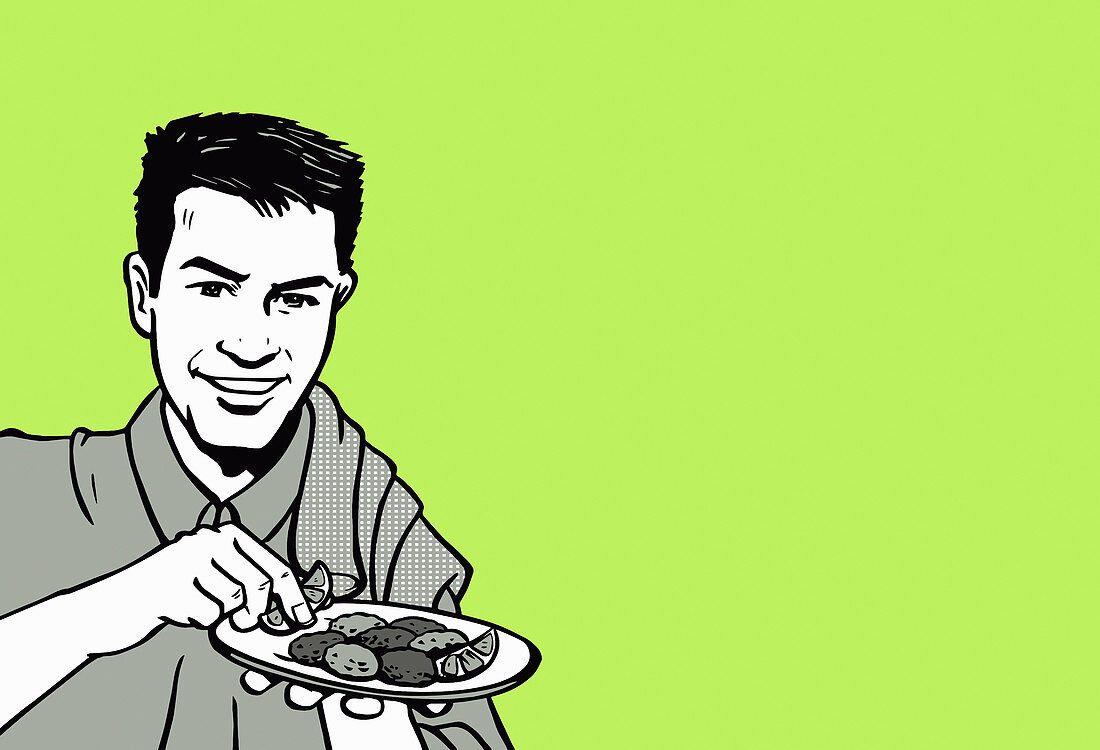 Man with plate of food, illustration