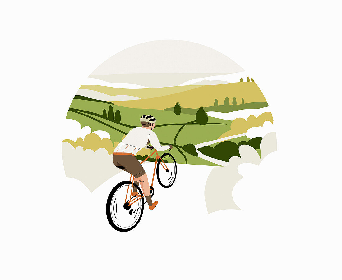 Cyclist riding through countryside, illustration