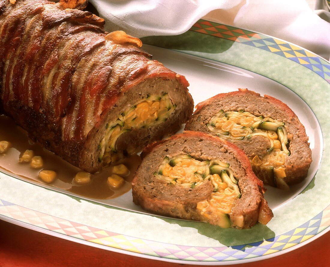 Mince roll with courgette & corn stuffing wrapped in bacon