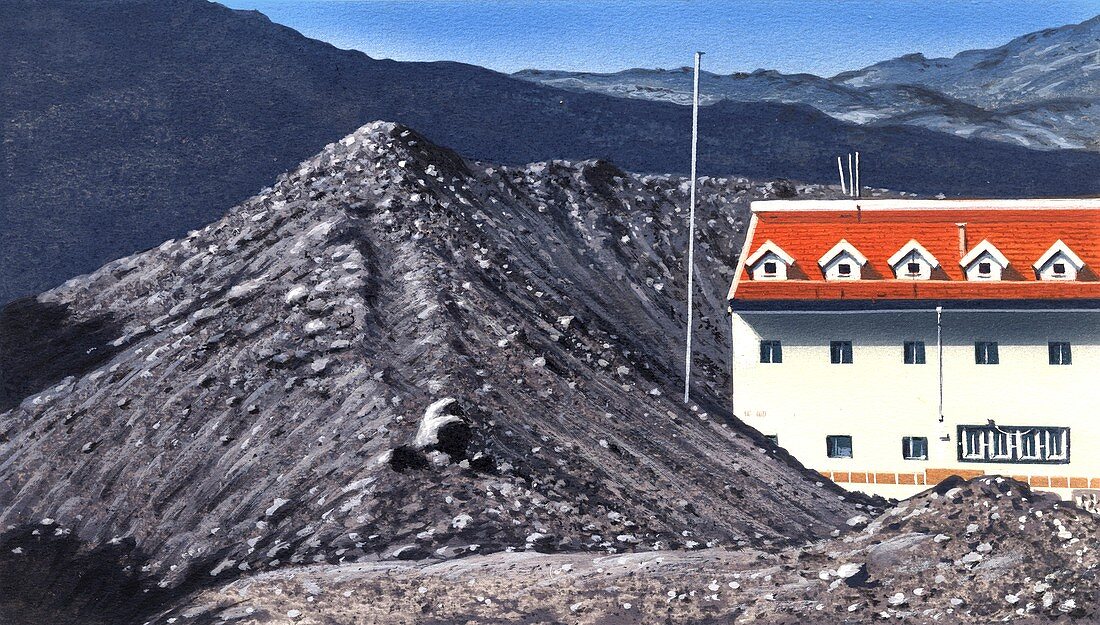 Hotel and lava flow on Mount Etna in 1983, illustration