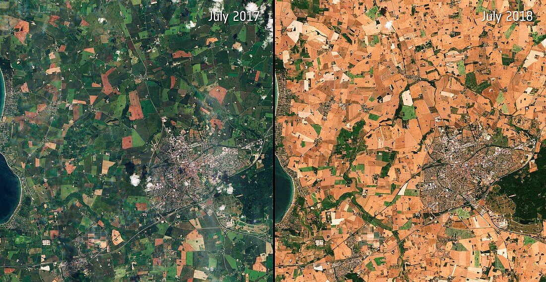 2018 European heat wave affecting farmland, satellite image