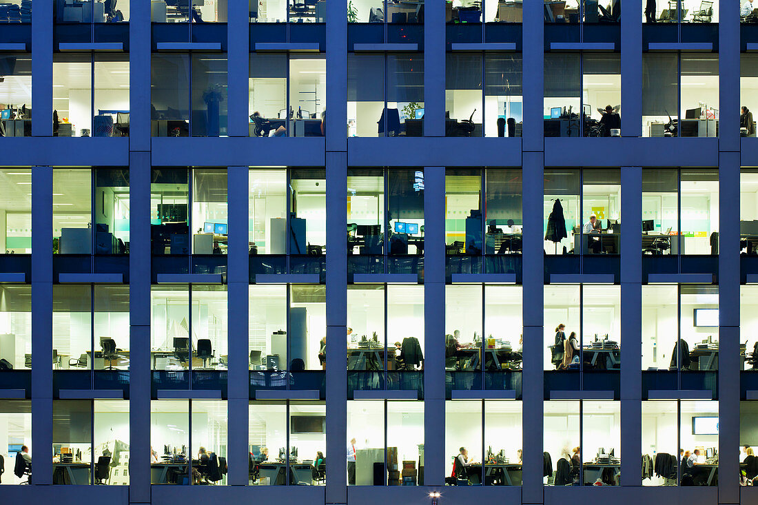 Modern office block at dusk