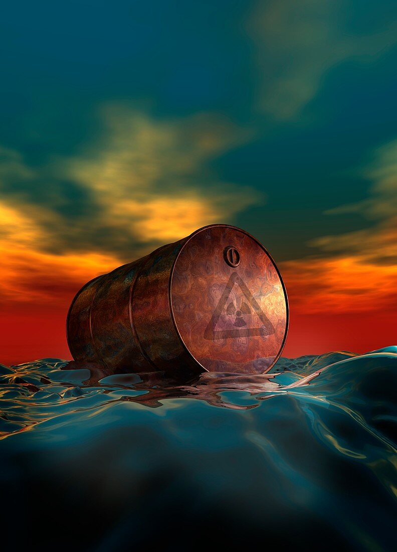 Nuclear waste floating on water, illustration