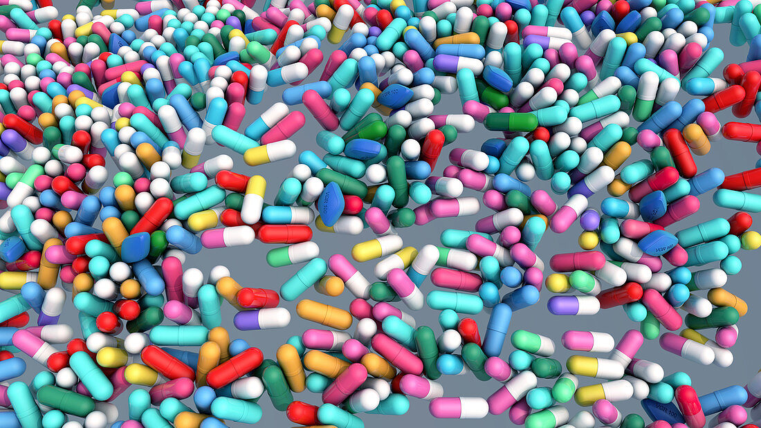 Multicoloured drug capsules, illustration