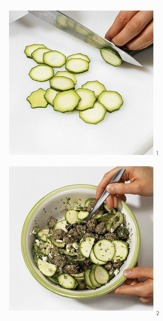 Zucchini-Hackbällchen-Salat mit Schafskäse zubereiten