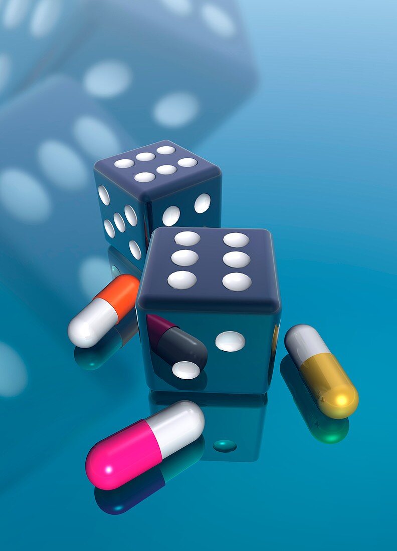 Capsules and dice, illustration