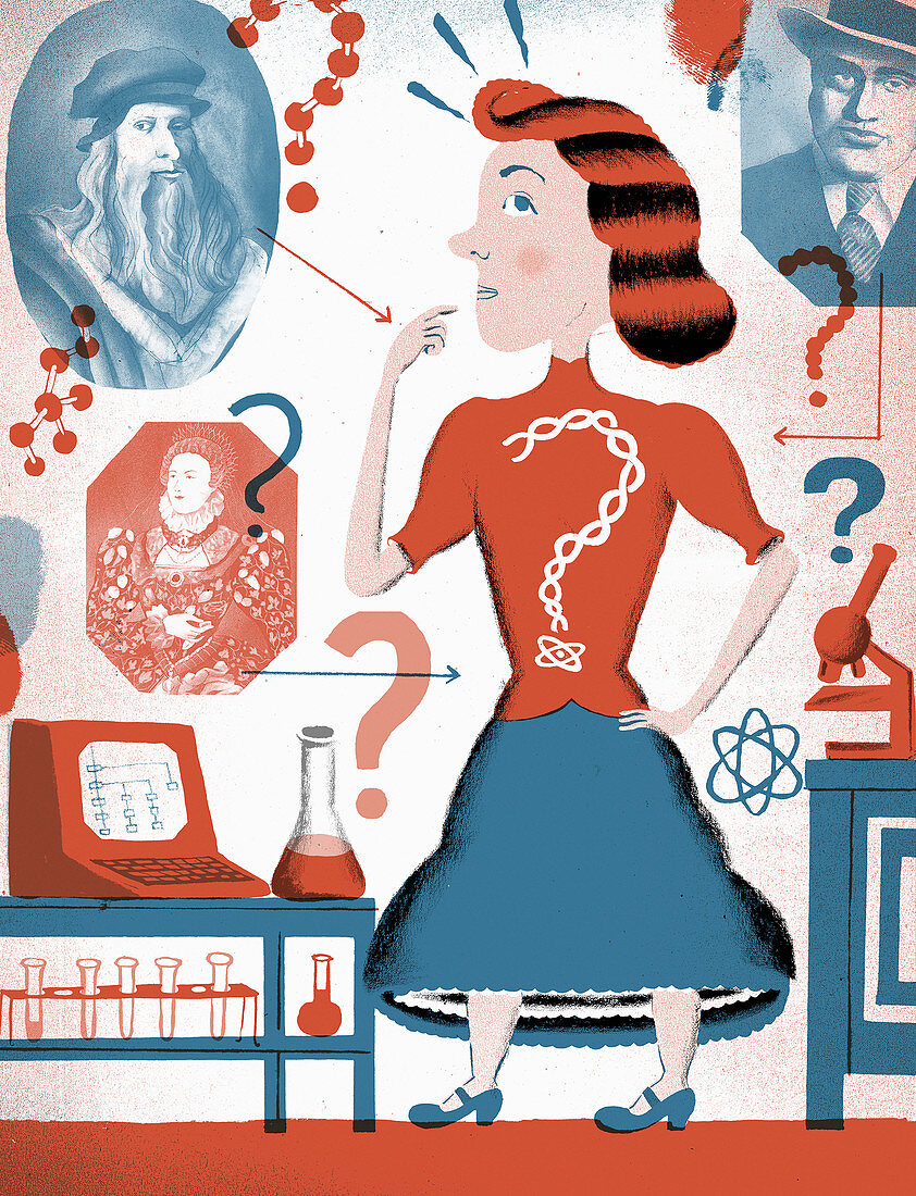 Woman wondering about her ancestry,illustration