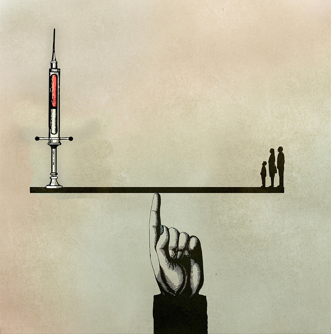 Family on seesaw opposite hypodermic needle,illustration