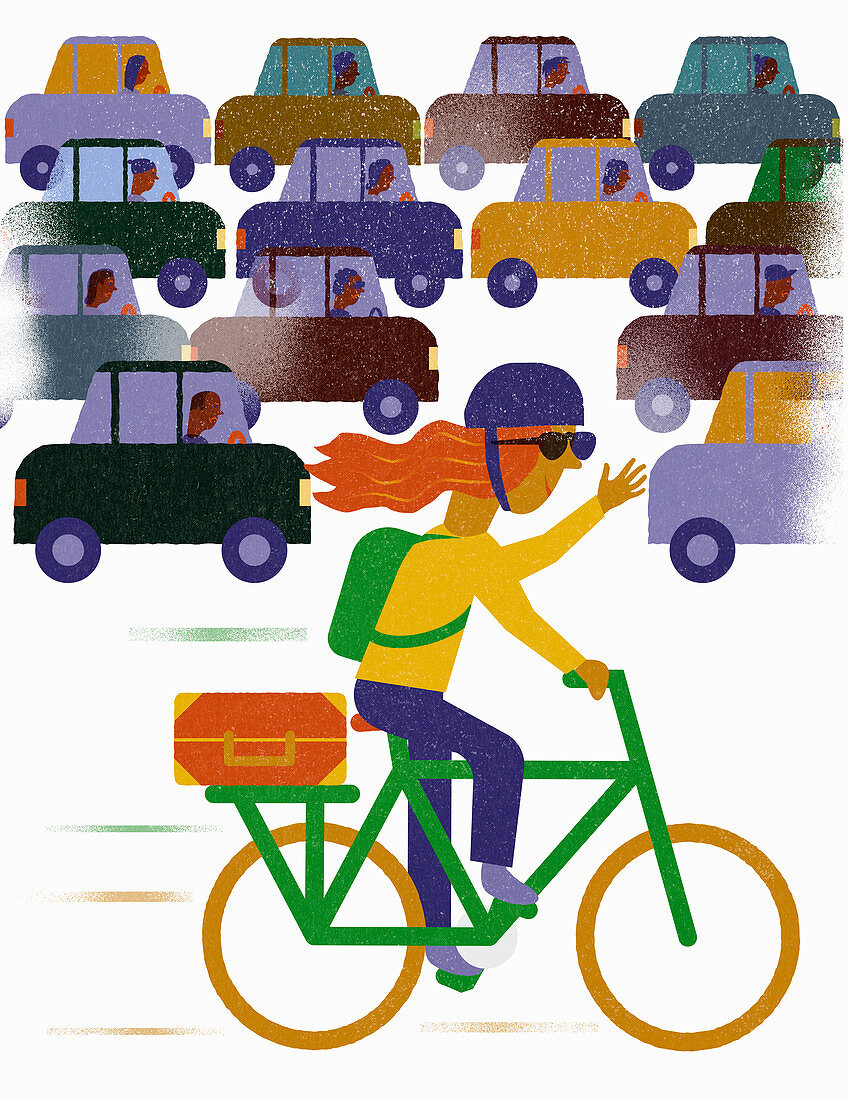 Cyclist bypassing traffic jam,illustration