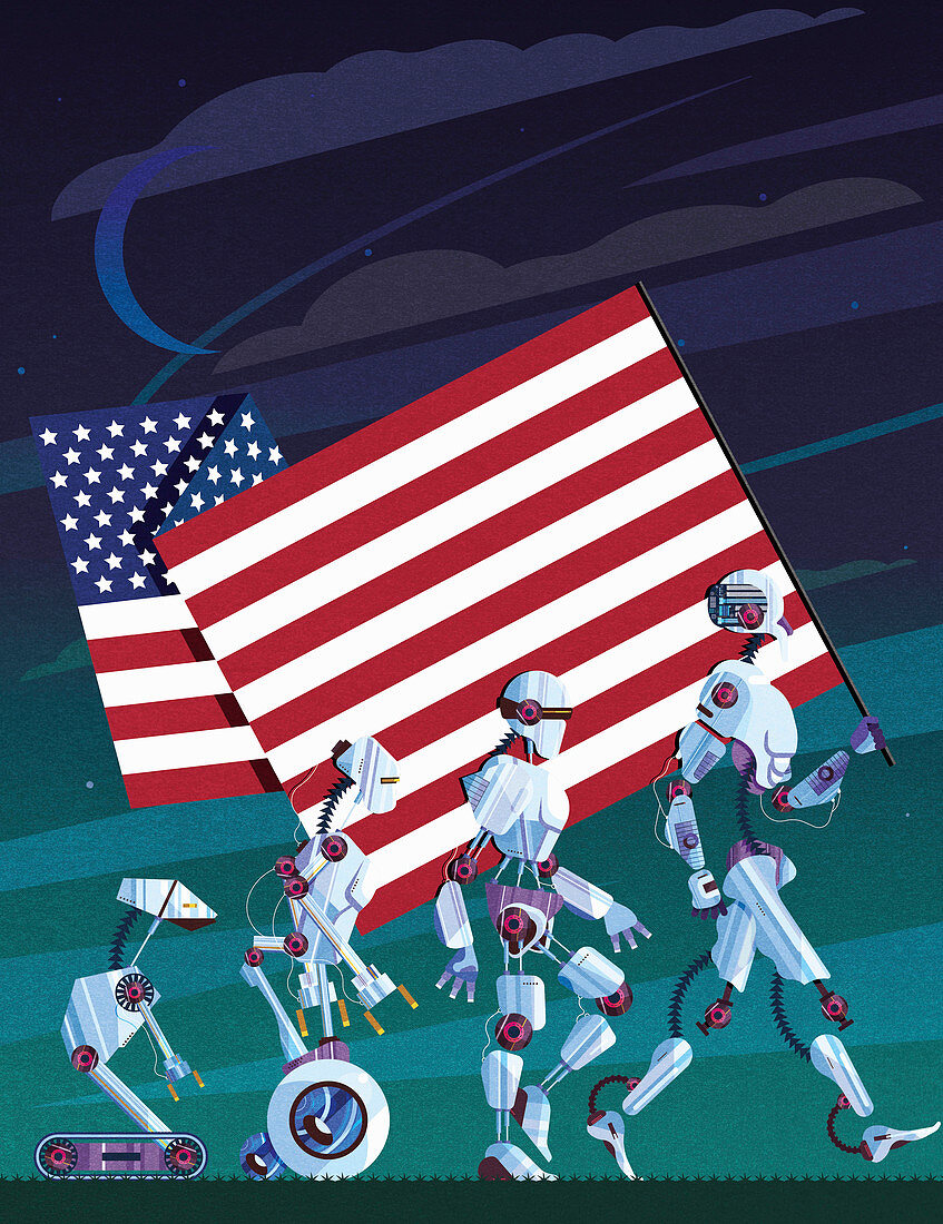 Evolution of robots carrying US flag,illustration