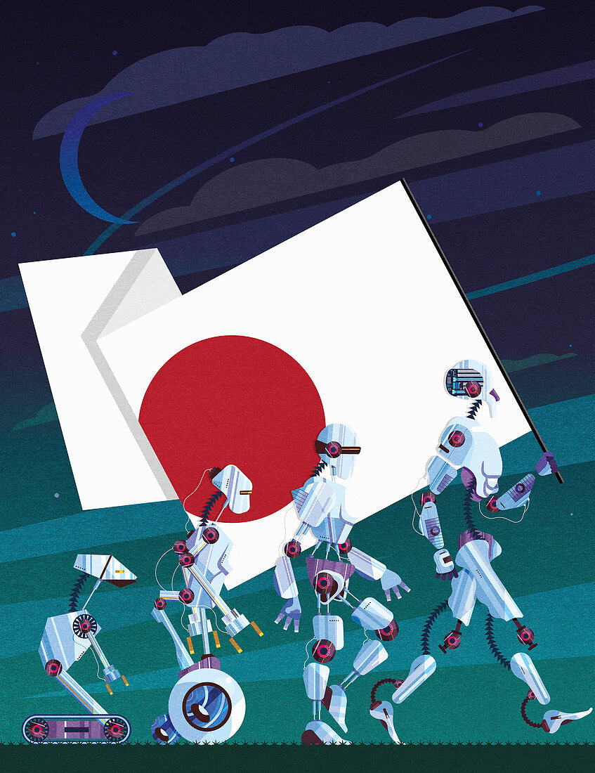 Evolution of robots carrying Japanese flag,illustration