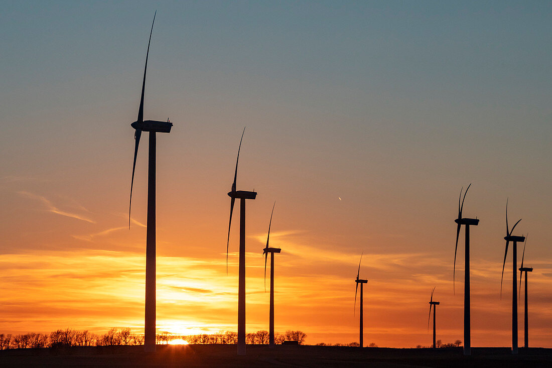 Wind turbines at sunset,Missouri,USA