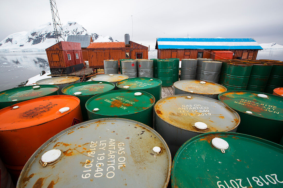 Oil barrels at Almirante Brown station,Antarctica