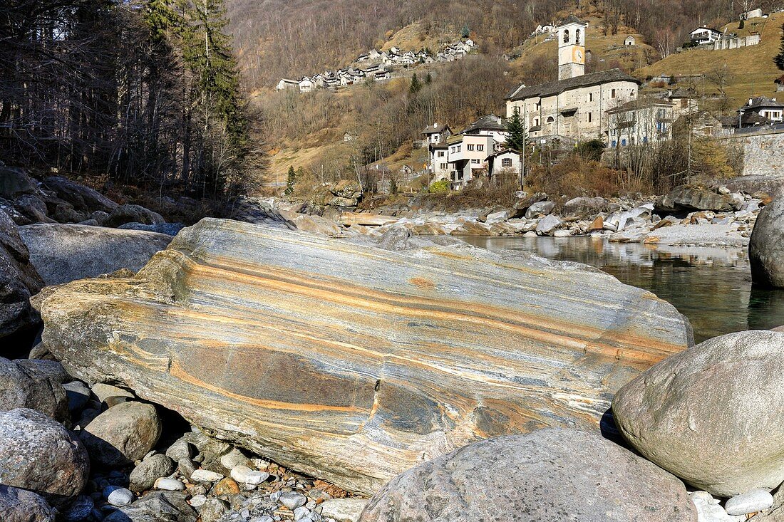 Gneiss with boudin at Lavertezzo,Switzerland