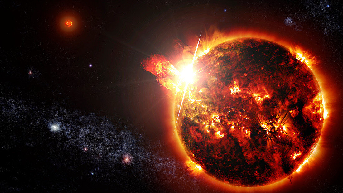Red dwarf binary stellar flare,illustration