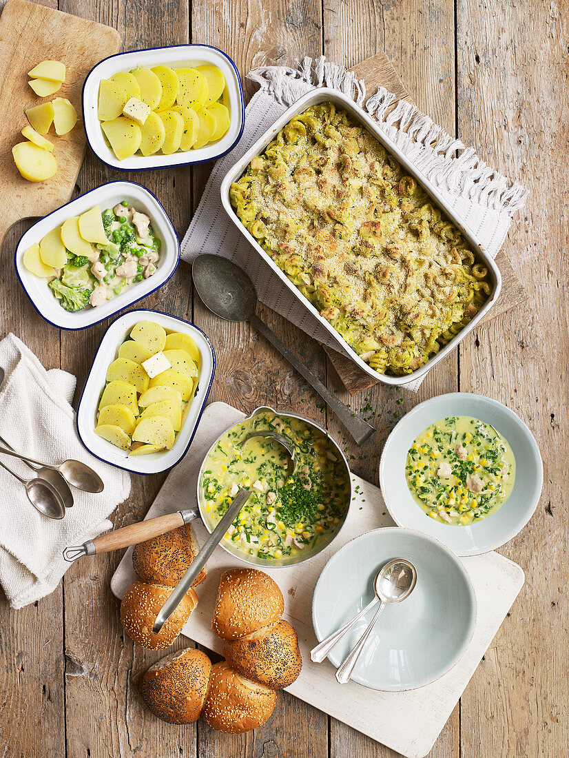Chicken and leek pasta bake witha crunchy top, Chicken and broccoli potato-topped pie, Creamy chicken and sweetcorn soup