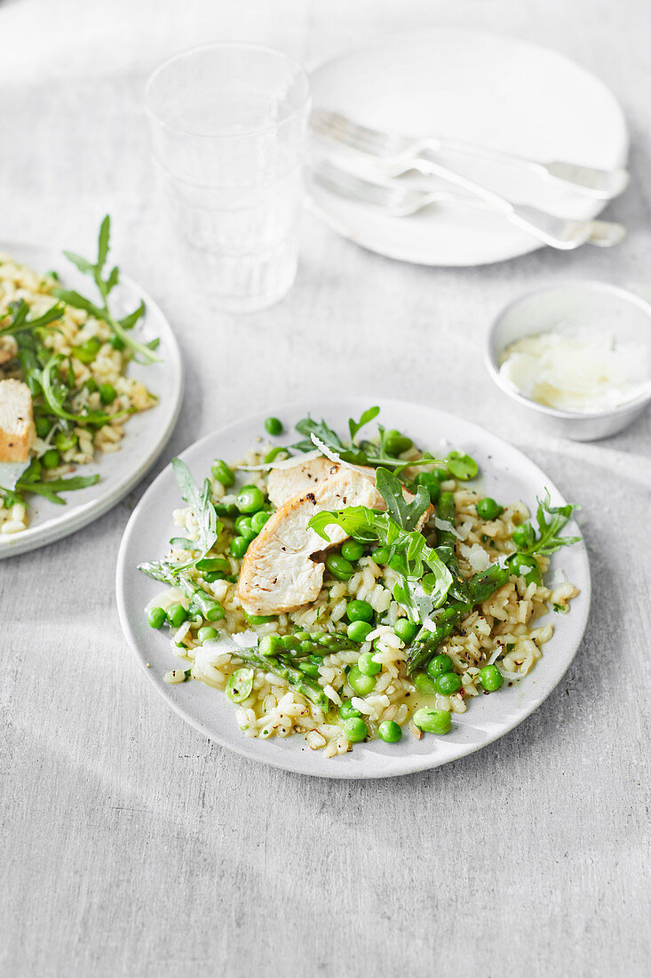 Pea, broad bean and rocket risotto with chicken