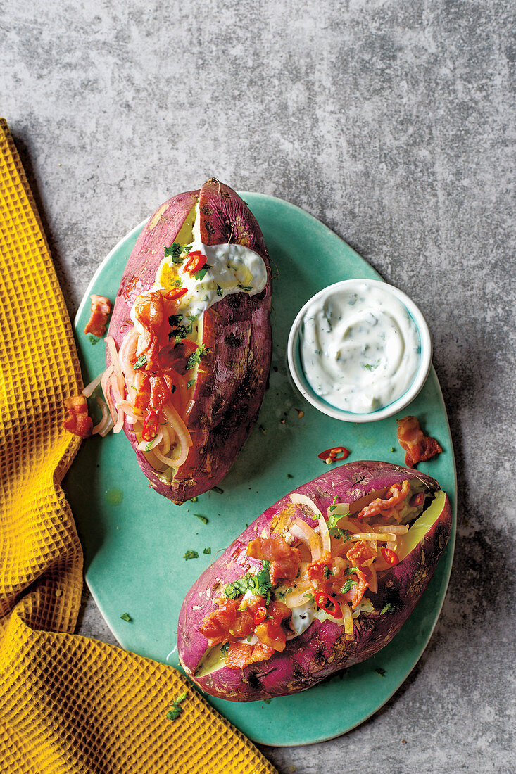 Loaded sweet potatoes with bacon and yoghurt