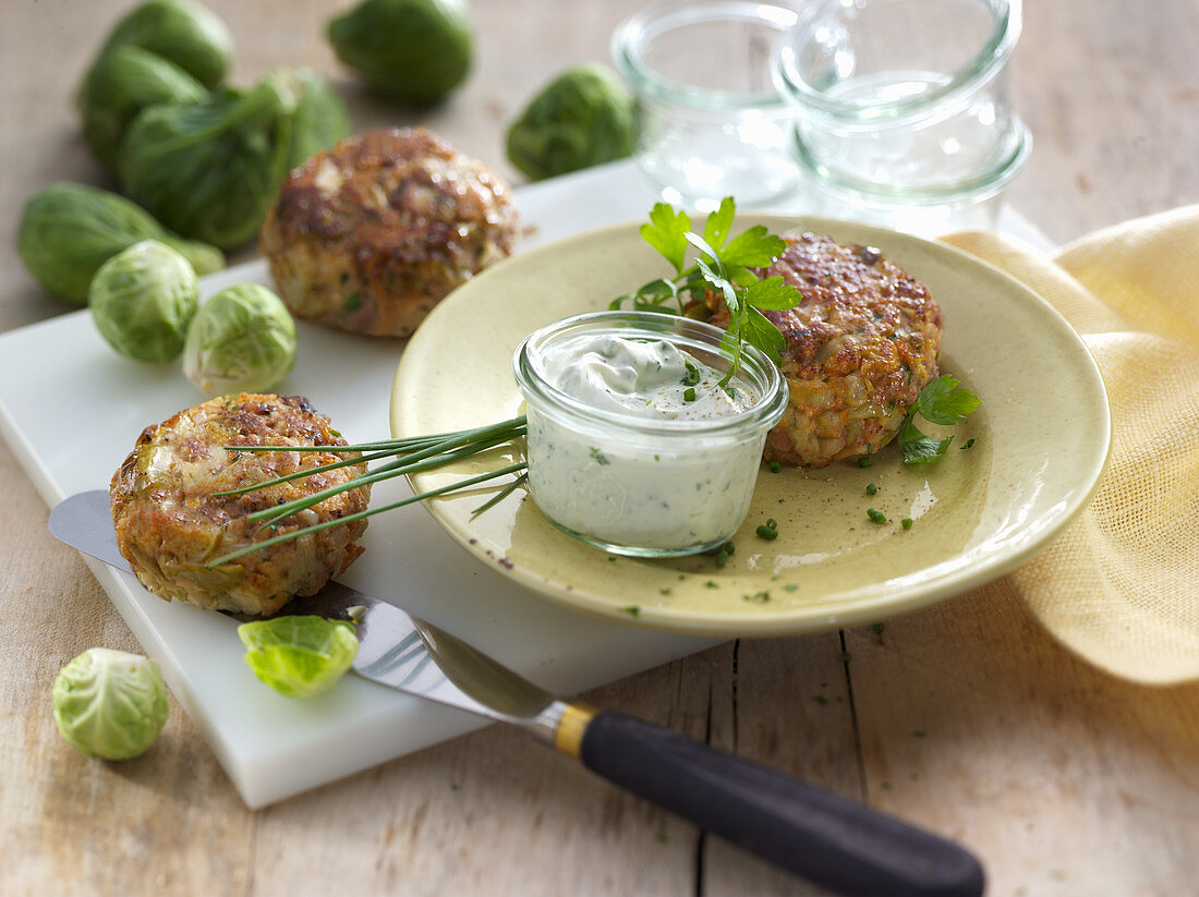 Meatballs with Brussels sprouts and a dip