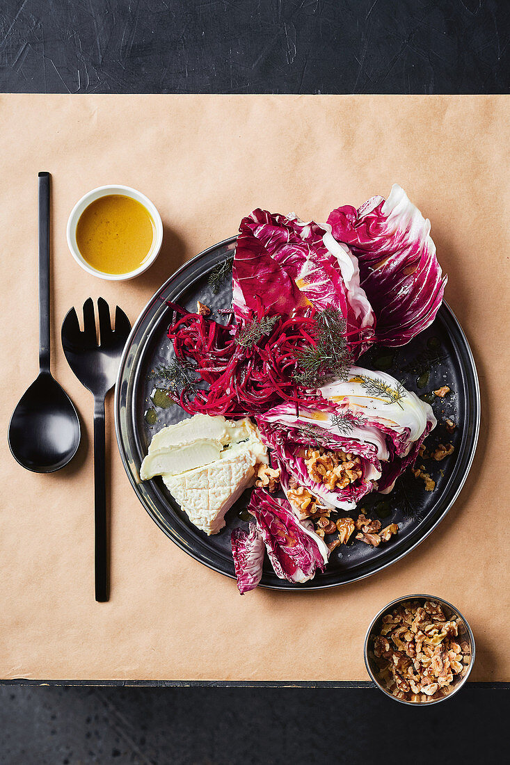 Goat's cheese and pickled beetroot with radicchio and walnut vinaigrette