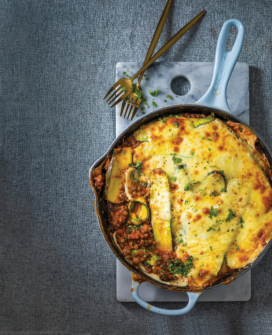 Garlicky brinjal, baby marrow and lentil moussaka